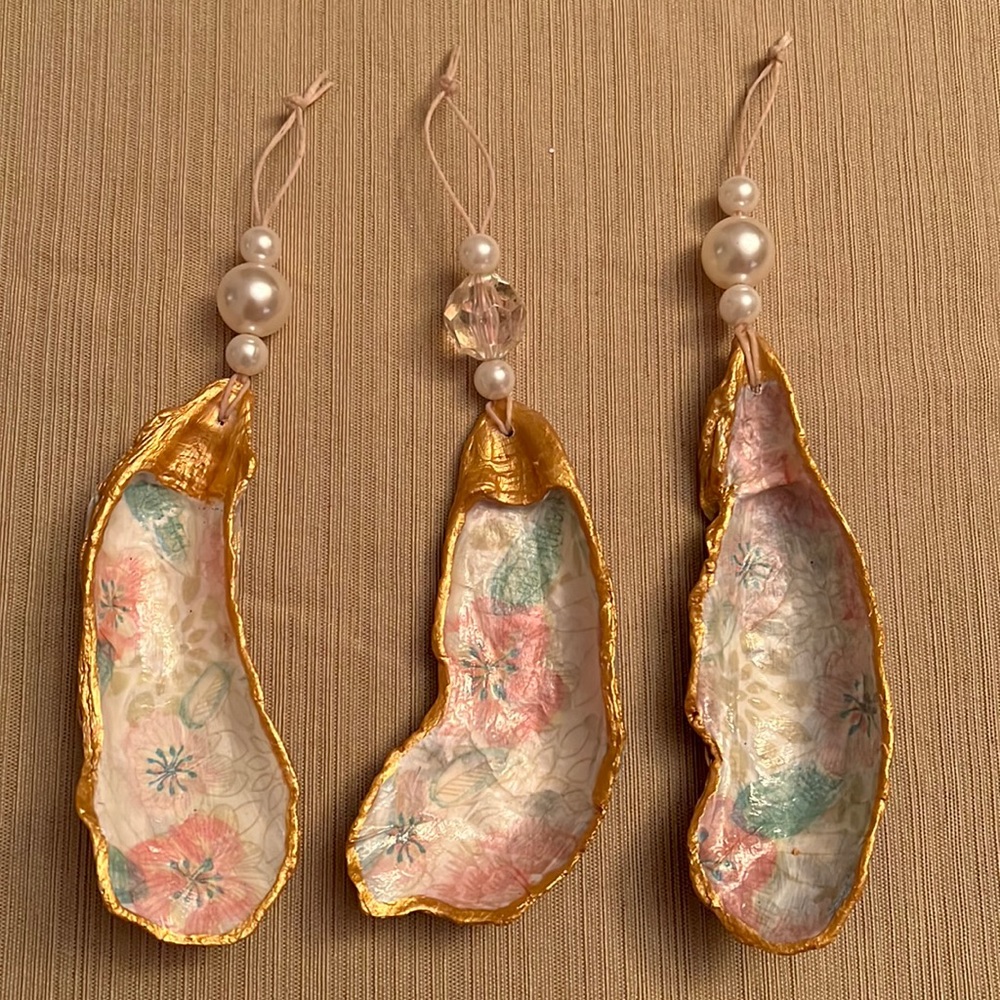 Set of 3 handmade oyster shell ornaments with floral design